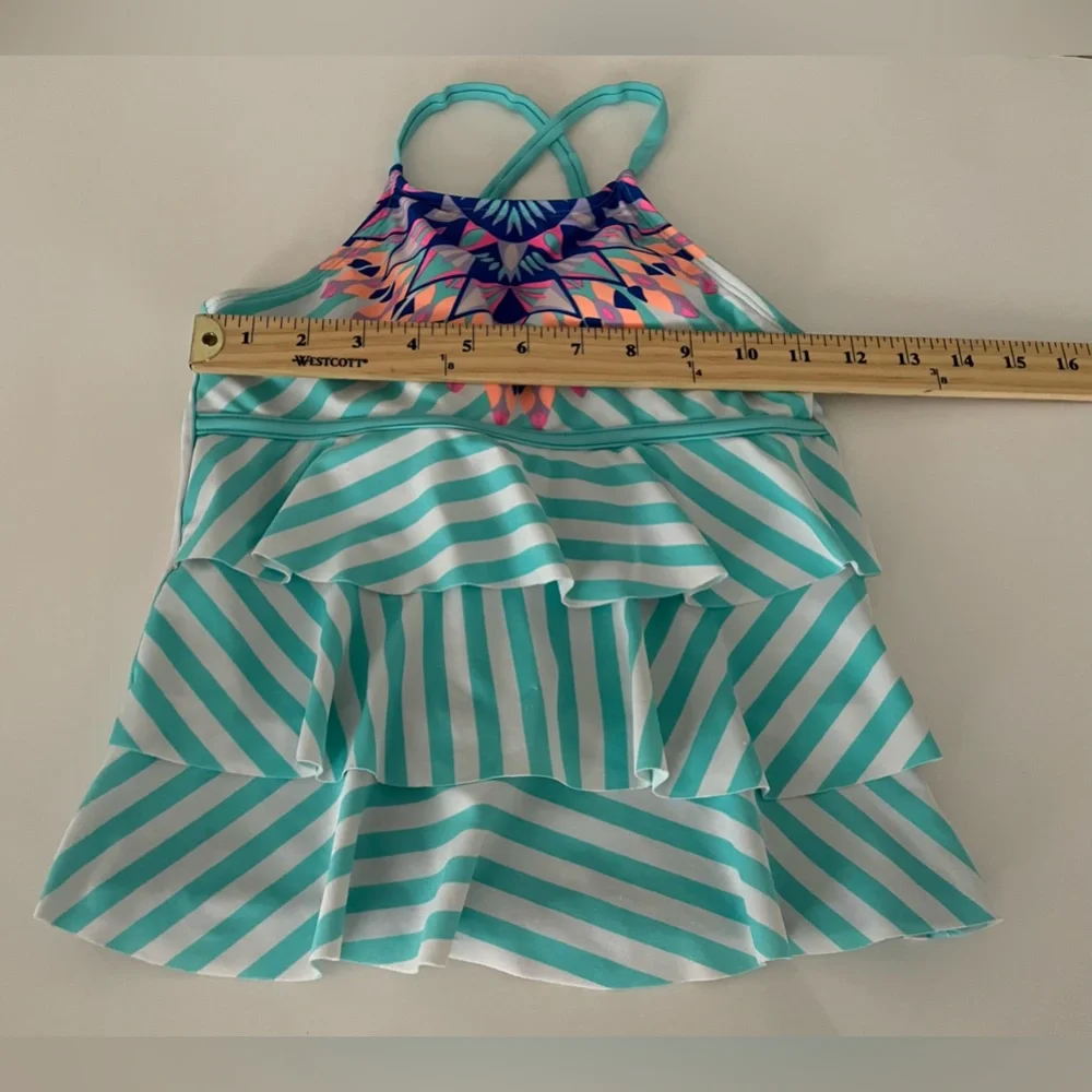 Justice Navy Turquoise & White Tankini Top Tiered Girl's Size:10